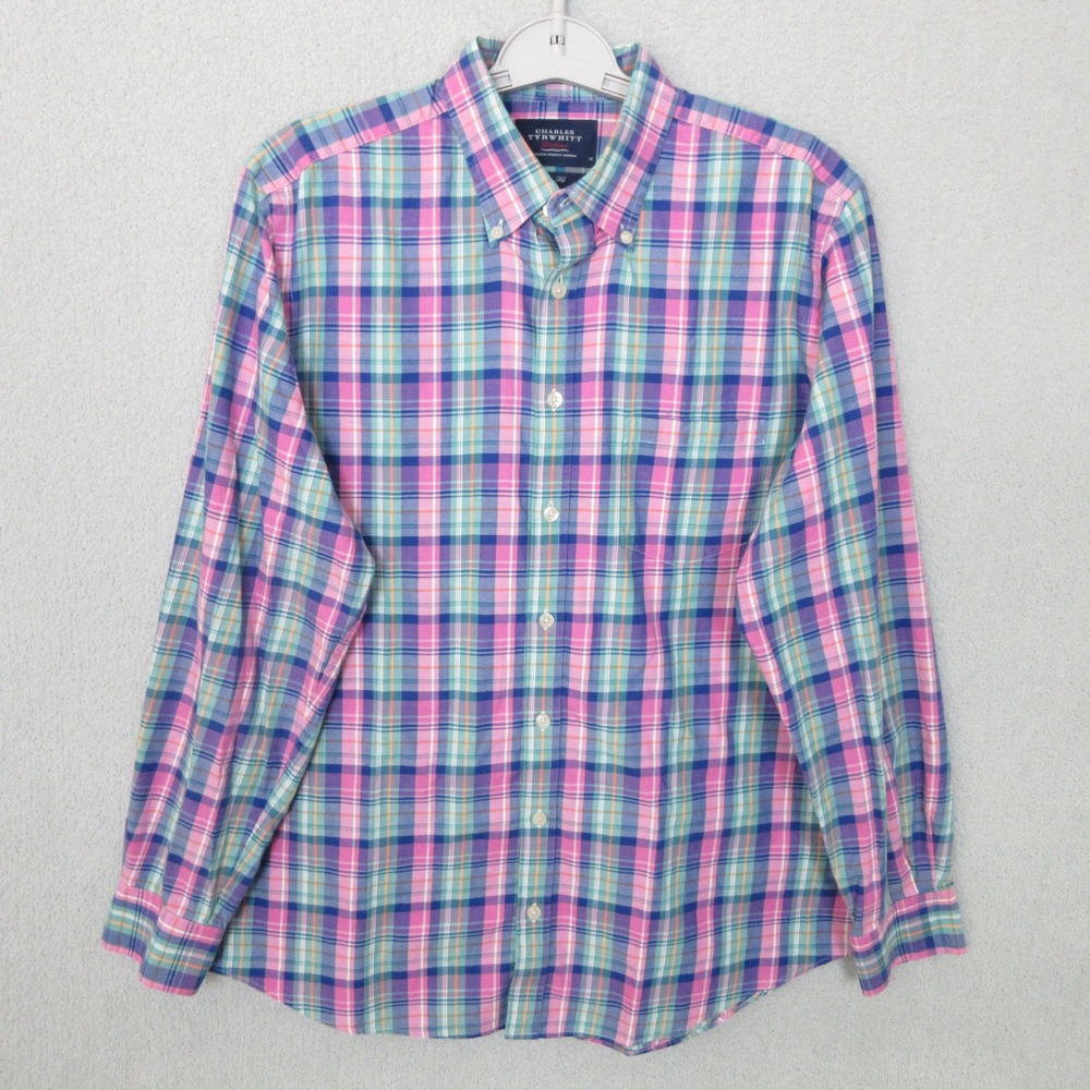 Charles Tyrwhitt Weekend Mens Button Down Shirt‎ Medium Slim Fit Pink Blue Plaid